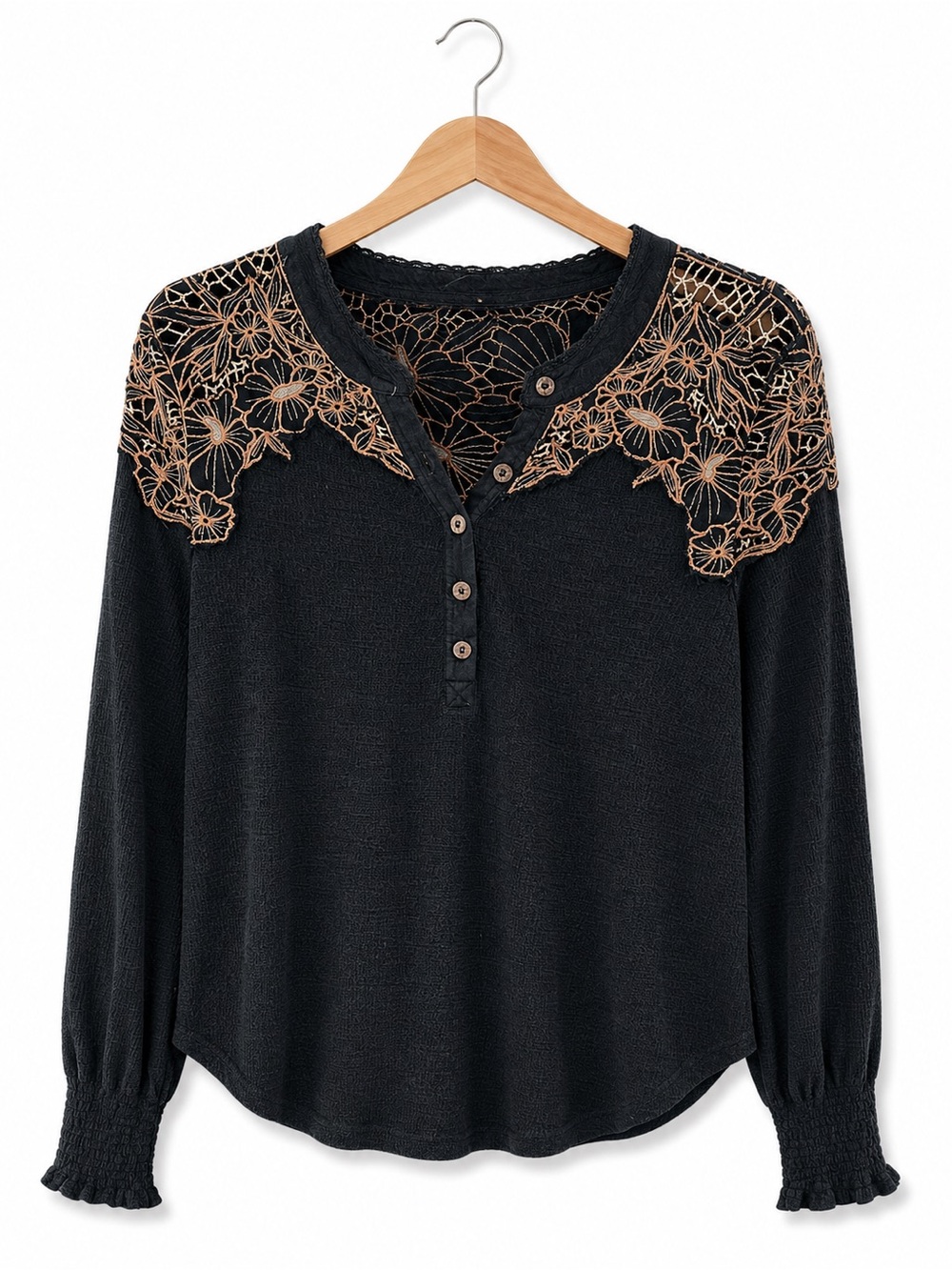Free People Easy Breezy Embroidered Henley Thermal Top Black Orange Large